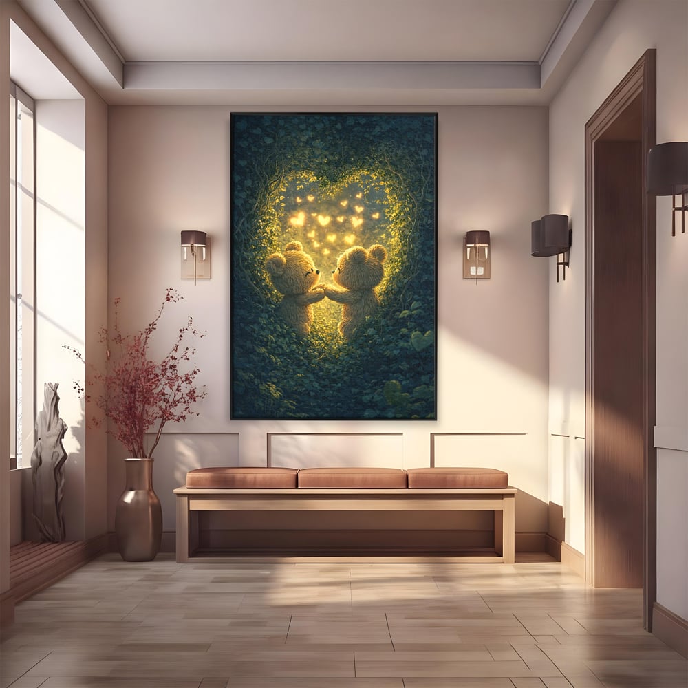 Tablou canvas cu doi ursuleti pufosi in padure, in rama de aluminiu negru